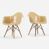 DAWs, pair by Charles and Ray Eames, 1951, molded fiberglass with rope edge, birch, enameled steel, rubber, sold Sep 2020