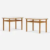 T. H. Robsjohn-Gibbings, occasional tables, pair, c. 1954, marble, bleached walnut
