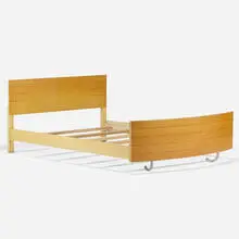 full-sized bed by Gilbert Rohde, 1933, birch, inlaid wood, lacquered wood, tubular steel, sold Sep 2020