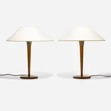 Kurt Versen, table lamps, pair, c. 1948, maple, enameled aluminum, paper shades