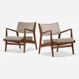 Jens Risom, lounge chairs model U-430, pair, c. 1955, walnut, upholstery
