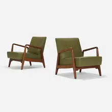 lounge chairs model U-420, pair by Jens Risom, c. 1955, walnut, vinyl, sold Sep 2020