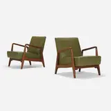 Jens Risom, lounge chairs model U-420, pair, c. 1955, walnut, vinyl