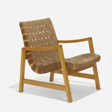 lounge chair, model 652-W by Jens Risom, 1941, birch, canvas webbing, sold Sep 2020
