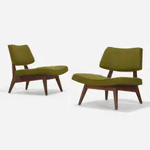 Jens Risom, lounge chairs model U-416, pair, c. 1955, upholstery, walnut