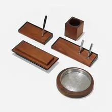 desk accessories by Jens Risom, c. 1970, walnut, aluminum, plastic, sold Sep 2020