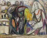Robert Medley, Untitled, Robert Medley RA (1905-1994) Medieval Figures oil on board 22 x 27cm .