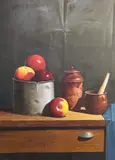 Bodegon Con Manzanas by Carlos Reales, óleo sobre tela, offered Jun 2026