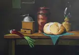 Bodegon Con Pan Y Cebollas by Carlos Reales, óleo sobre tela, offered Jun 2026
