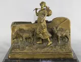 Xavier Raphanel, Pastora Con Ovejas, escultura de bronce patinado