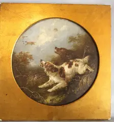 George Armfield, Spaniels Hunting A Duck, óleo circular sobre tela