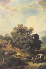 August Seidel, Personaje Y Carro En El Camino, óleo sobre tela, con algunas roturas