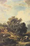 August Seidel, Personaje Y Carro En El Camino, óleo sobre tela, con algunas roturas