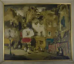 Calle De Barrio Con Personajes by Gastón Jarry, óleo sobre cartón, offered Mar 2026