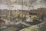 Jose Carmelo Arcidiacono, Barcos Junto Al Muelle, óleo sobre cartón