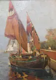 Velero Con Personajes by Eugène Louis Gillot, óleo sobre cartón, offered Dec 2025