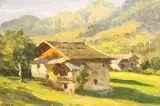 Duilio Corompai, Pasiaje Alpino, óleo sobre tabla iniciliado D