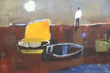 Personaje Y Botes Con Luna by Carlos Enrique Uriarte, óleo sobre cartón, offered Oct 2025