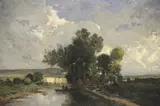 Alexandre Defaux, Paisaje Fluvial Con Personajes, óleo sobre tabla