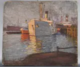 Justo Máximo Lynch, Barcos En El Puerto, óleo sobre tela pegada sobre tabla