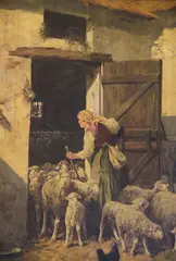 Charles Jacque, Pastora Con Ovejas En El Establo, óleo sobre tabla