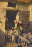 Charles Jacque, Pastora Con Ovejas En El Establo, óleo sobre tabla