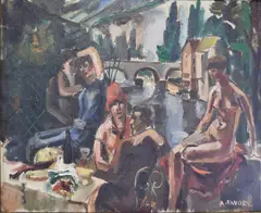 André Favory, Personajes Junto A Un Puente, óleo sobre tela