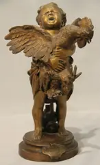 Adriano Cecioni, L' Enfant Au Coq, escultura de bronce dorado