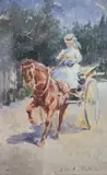 Julio Vila y Prades, Mujer Paseando En Un Carruaje, óleo sobre cartón