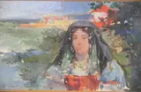 Julio Vila y Prades, Joven Con Mantilla, óleo sobre cartón