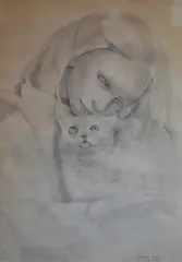 Mariette Lydis, Niña Con Gato, dibujo al lápiz