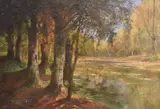 Karl Vikas, Paisaje Fluvial Con Arboles, óleo sobre tela
