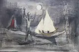 PERSONAJE Y BARCO CON LUNA LLENA y VELEROS by Carlos Enrique Uriarte, óleo sobre cartón, doble faz, offered Jun 2025