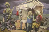 César López Claro, Personajes Junto A La Casilla, óleo y collage sobre tela