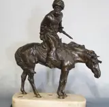 René Paris, Cosaque A Cheval Dans La Neige, escultura de bronce patinado, sobre base de mármol blanco