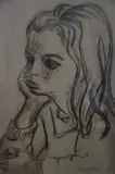 Niña Pensativa by Alberto Bruzzone, dibujo a la carbonilla y sepia, offered Mar 2025