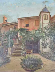 Carlo Brancaccio, Patio Florido, óleo sobre cartón