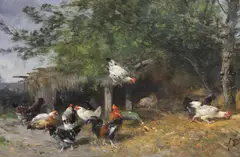 Alexandre Defaux, Gallinas Junto Al Granero, óleo sobre tela