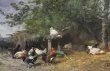Alexandre Defaux, Gallinas Junto Al Granero, óleo sobre tela