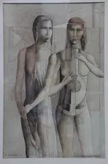 Mujeres Musicantes by Zdravko Dučmelić, tinta y acuarela, offered Dec 2024