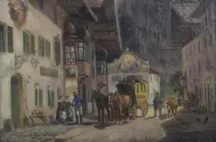 Ludwig Muller Cornelius, Calle De Pueblo Alpino, óleo sobre tela pegada sobre cartón
