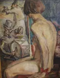 Desnudo Con Moño Rojo by Petre Iorgulescu-Yor, óleo sobre tela, offered Oct 2024