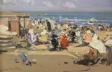 En La Playa by Joan Vives Maristany, óleos sobre cartón, offered Oct 2024