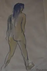 Schwimmer Max, Desnudo Femenino De Espaldas, dibujo al lápiz y acuarela