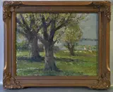 Jacques Witjens Stephans, Paisaje Con Niñas, óleo sobre tela montada sobre cartón