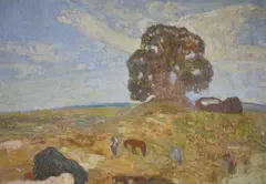 Paisaje Con Ombu Y Caballos by Pedro Figari, óleo sobre cartón, offered Aug 2023