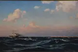 Marina Con Vapor Alejandose by Eduardo de Martino, óleo sobre tela reentelada, offered Aug 2023