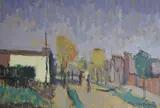 Paisaje Urbano by Teresio Jose Fara, óleo sobre cartón, offered Aug 2023