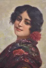 Antoni Torres Fuster, Joven Con Manton Y Clavel, óleo sobre tela