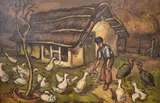 Cesar Bustillo, Alimentando A Los Patos, óleo sobre tela montada sobre tabla